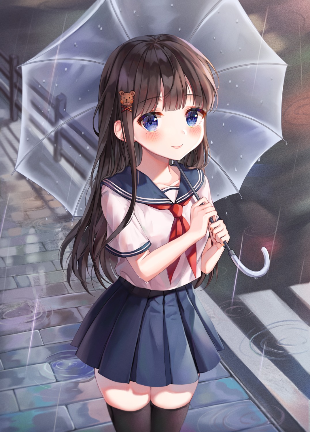 monjja, see_through, seifuku, thighhighs, umbrella, wet, wet_clothes
