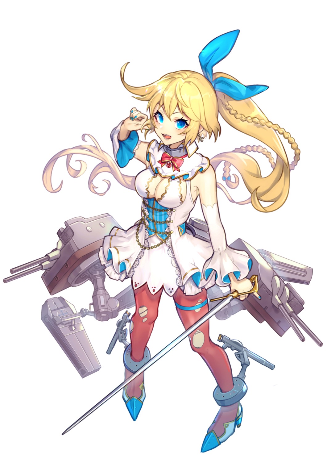barham_(blue_oath), blue_oath, cleavage, garter, heels, no_bra, pantyhose, sword, torn_clothes, yoruhachi