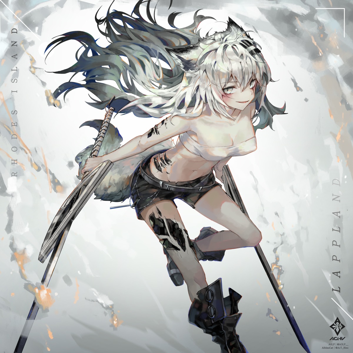 a0lp, animal_ears, arknights, erect_nipples, lappland_(arknights), no_bra, sword, tail