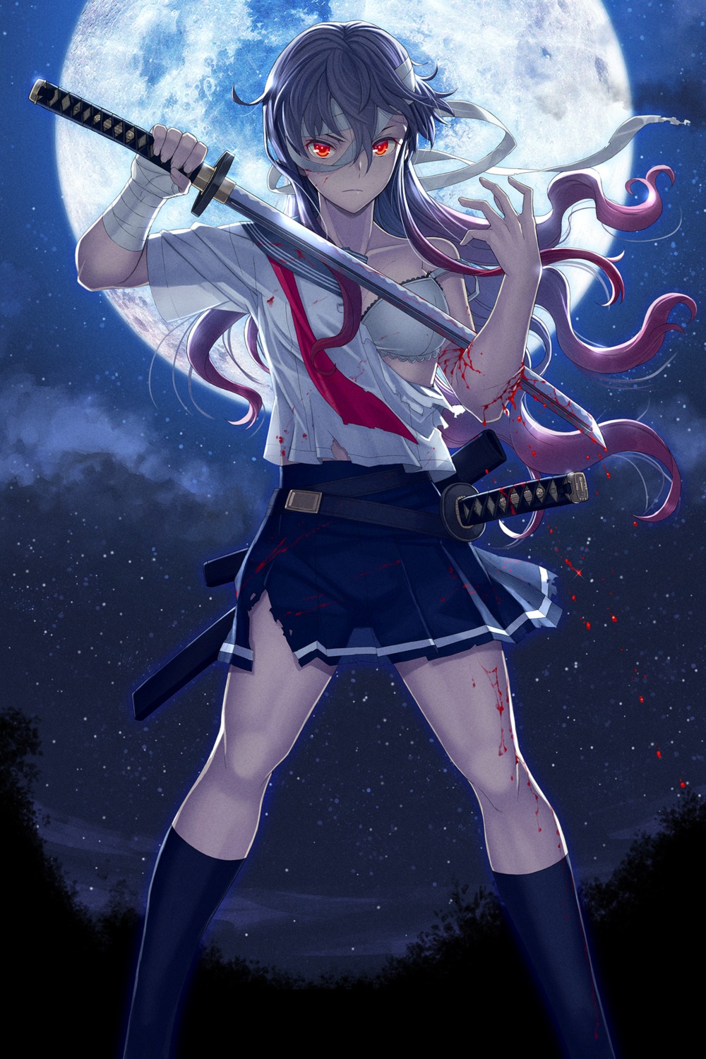 bandages, blood, bra, itou_(onsoku_tassha), seifuku, sword, torn_clothes