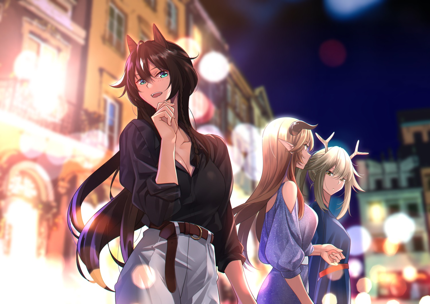 animal_ears, arknights, cleavage, firewatch_(arknights), horns, meteor_(arknights), meteorite_(arknights), open_shirt