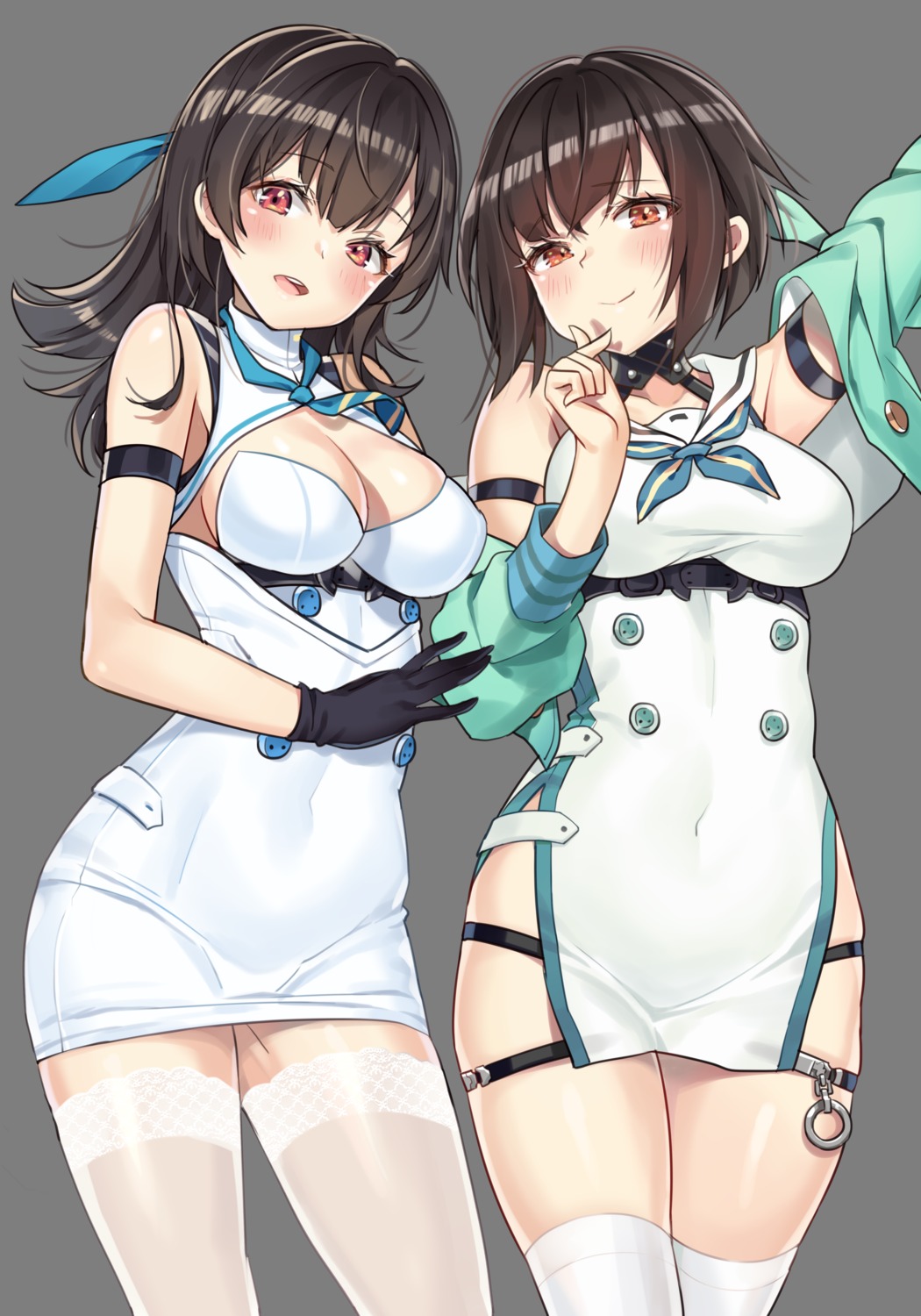 atago_(blue_oath), blue_oath, goyain, no_bra, takao_(blue_oath), thighhighs, transparent_png, uniform