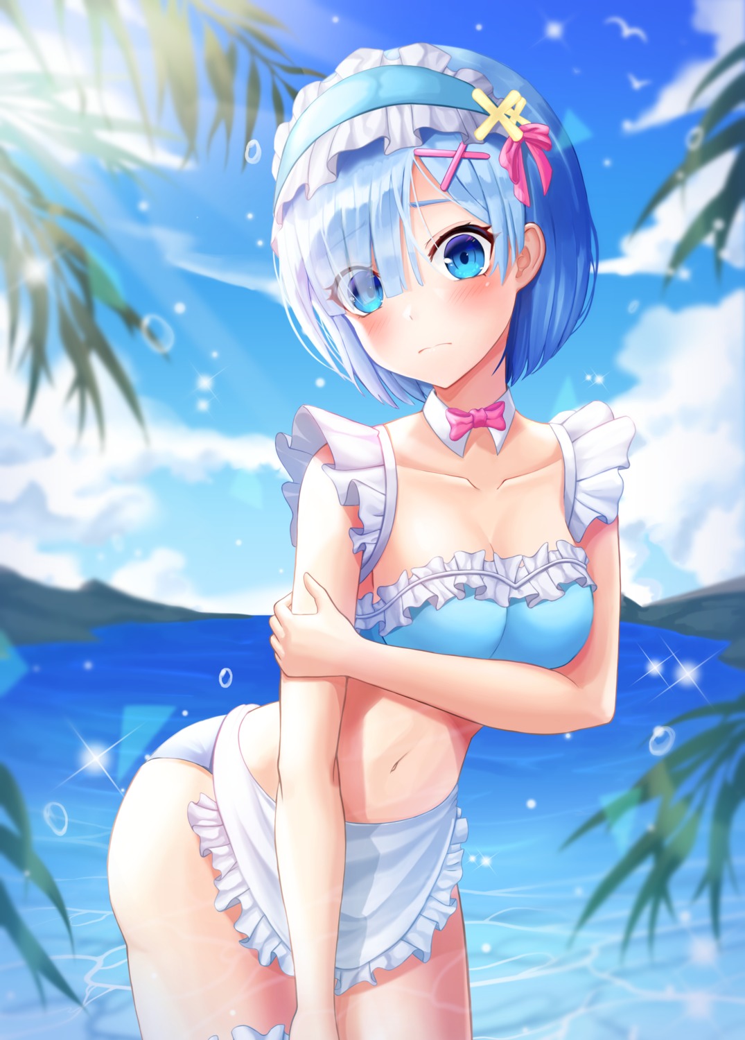 bikini, breast_hold, cleavage, maid, re:zero_kara_hajimeru_isekai_seikatsu, rem_(re_zero), ryon_y0421, swimsuits