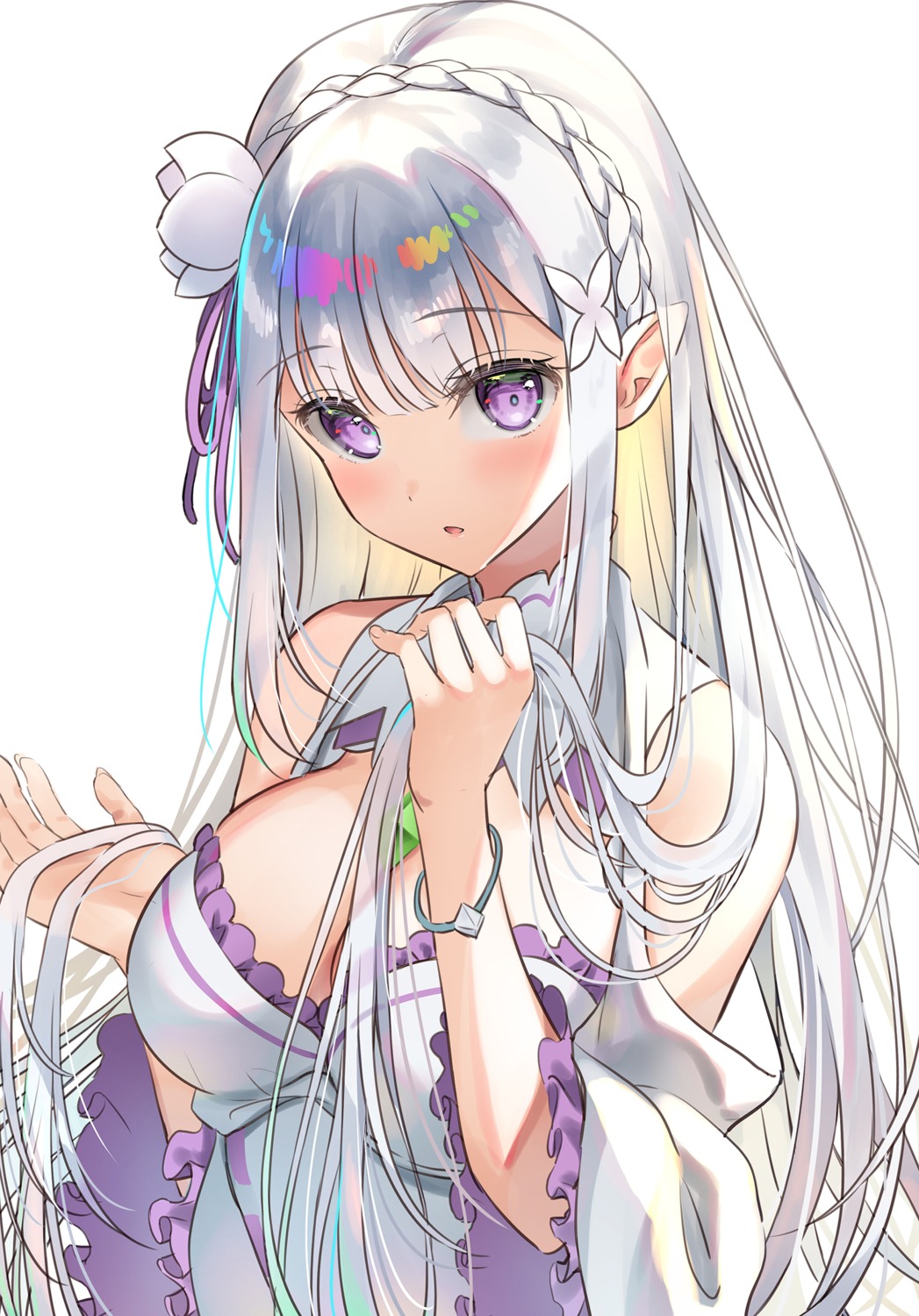 asahina_hikage, cleavage, dress, elf, emilia_(re_zero), pointy_ears, re:zero_kara_hajimeru_isekai_seikatsu