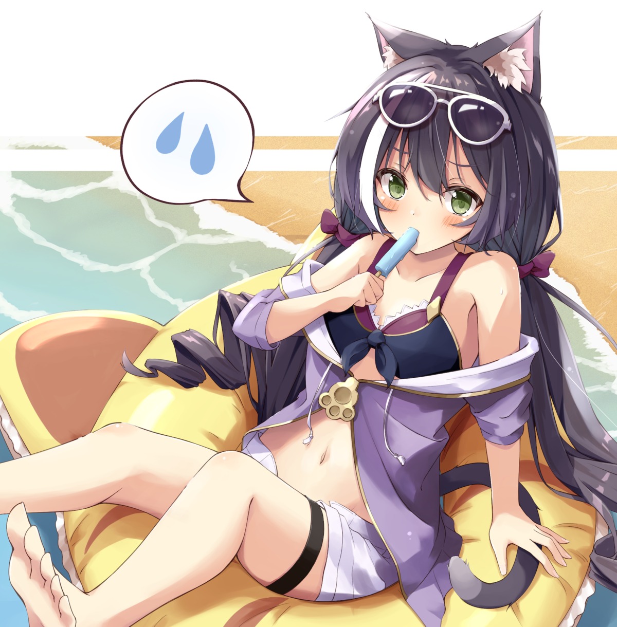animal_ears, bikini, garter, karyl_(princess_connect), megane, minazuki_mizu, nekomimi, open_shirt, princess_connect!, princess_connect!_re:dive, swimsuits, tail