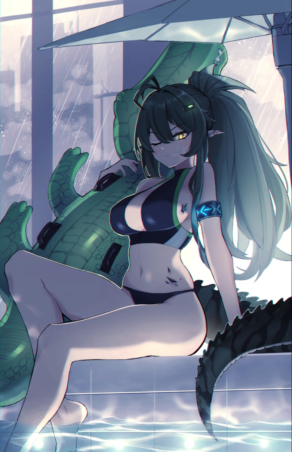 arknights, bikini, gavial_(arknights), pointy_ears, psidubs, swimsuits, tail, wet