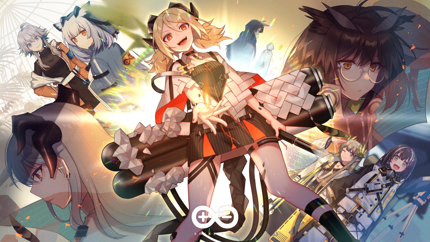 13_(spice!!), animal_ears, arknights, garter, horns, ifrit_(arknights), magallan_(arknights), mayer_(arknights)