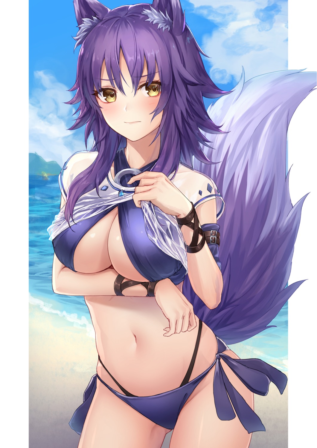 aki_makoto, animal_ears, bikini, breast_hold, cleavage, ironatsuki, princess_connect!, princess_connect!_re:dive