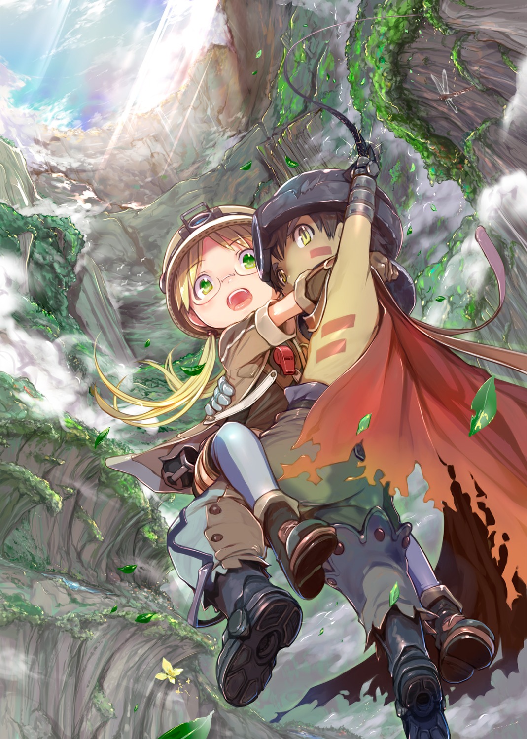 made_in_abyss, megane, mikazuki_akira, regu_(made_in_abyss), riko_(made_in_abyss), thighhighs, torn_clothes