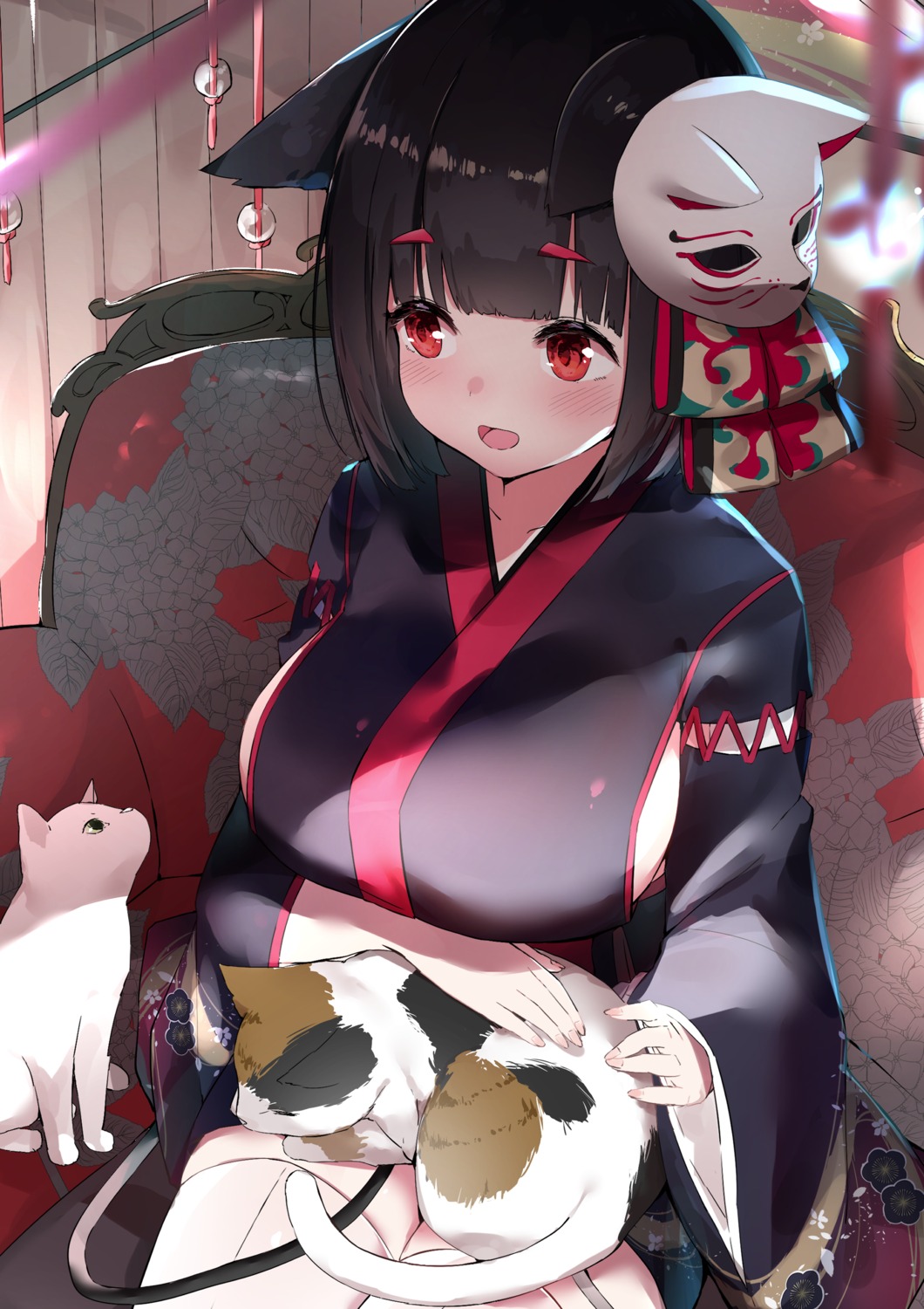 animal_ears, azur_lane, cotton, japanese_clothes, neko, no_bra, thighhighs, yamashiro_(azur_lane)