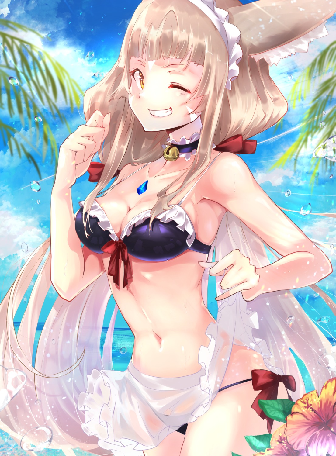 animal_ears, bikini, cleavage, niyah, niyah_(blade), risumi, skirt_lift, swimsuits