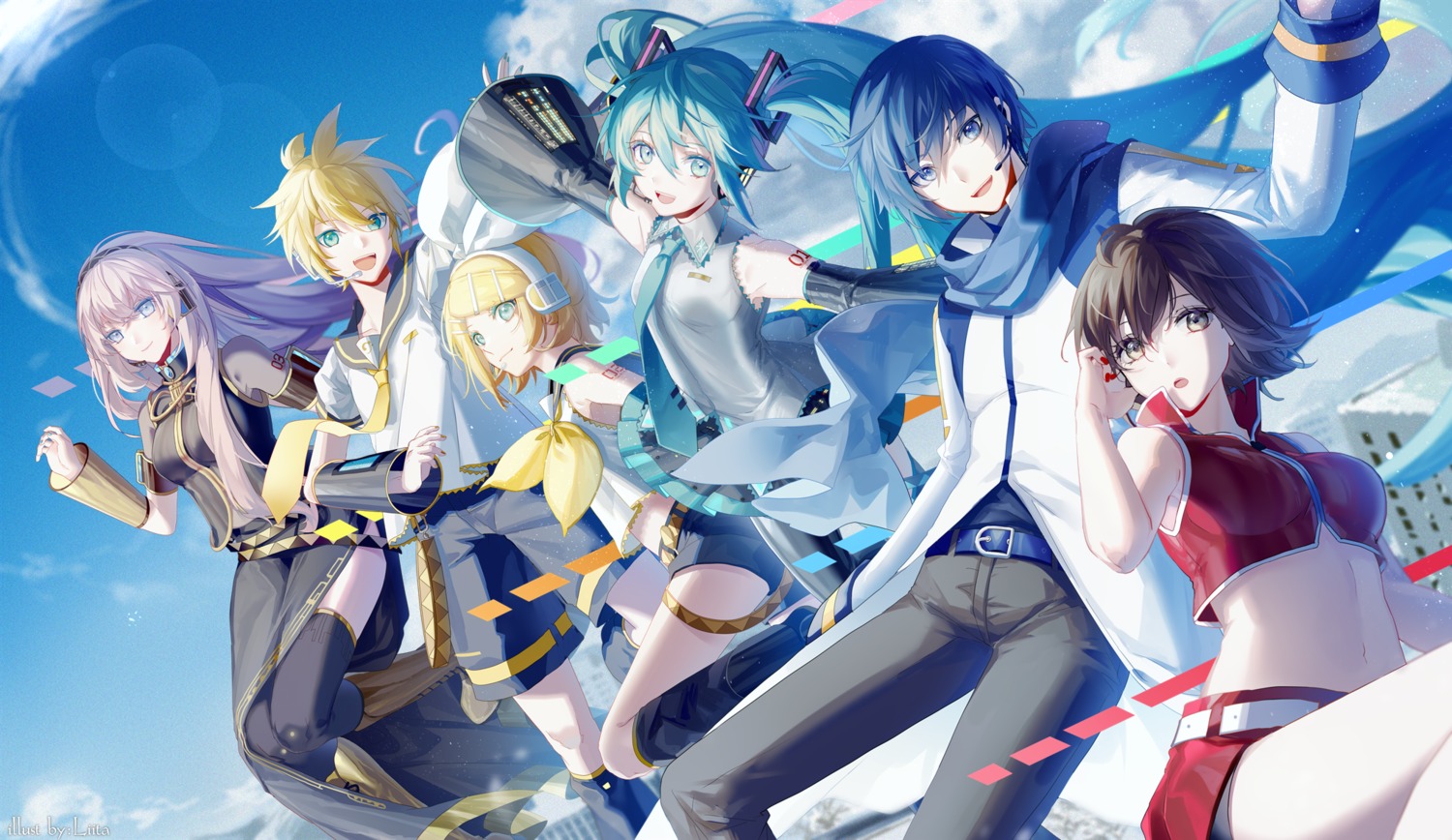 hatsune_miku, headphones, kagamine_len, kagamine_rin, kaito, liita_(dusk_snow), megurine_luka, meiko