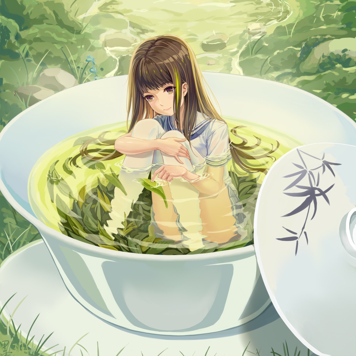 girls_frontline, m4a1_(girls_frontline), moran_(pixiv27824646), seifuku, skirt_lift, thighhighs, wet, wet_clothes