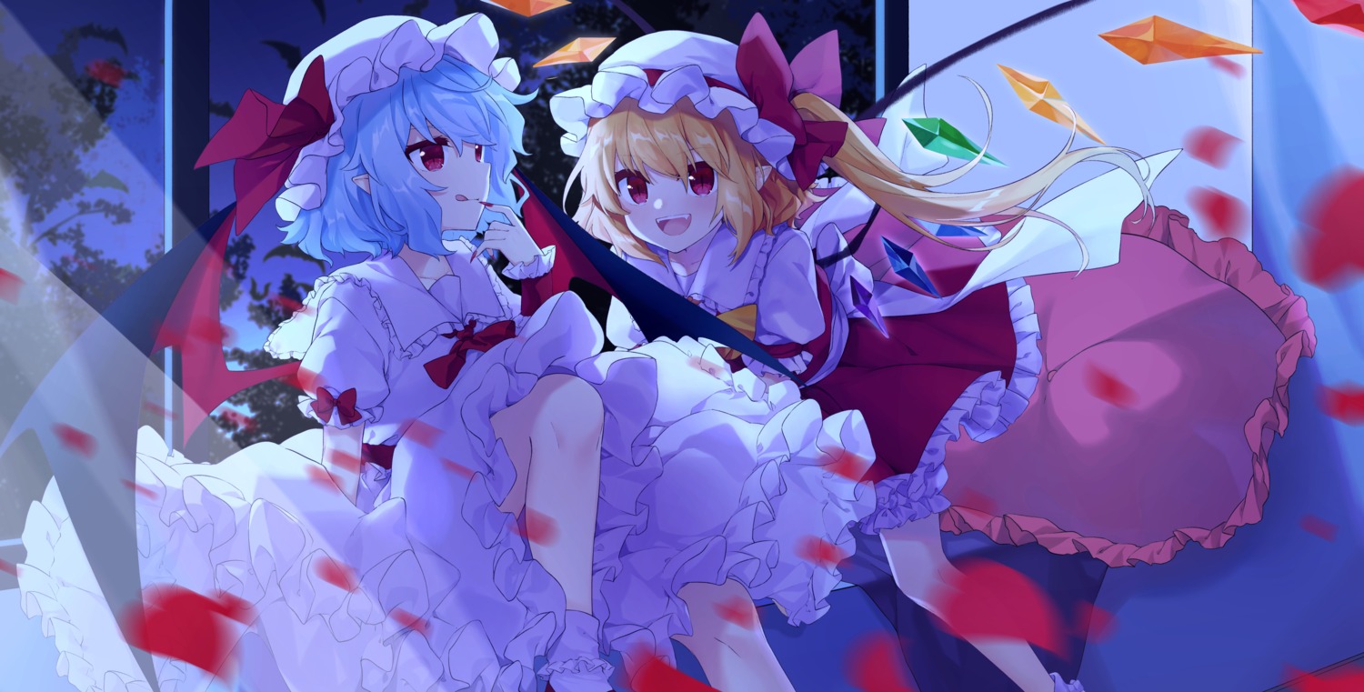 bloomers, flandre_scarlet, poppy_(poppykakaka), remilia_scarlet, skirt_lift, touhou, wings