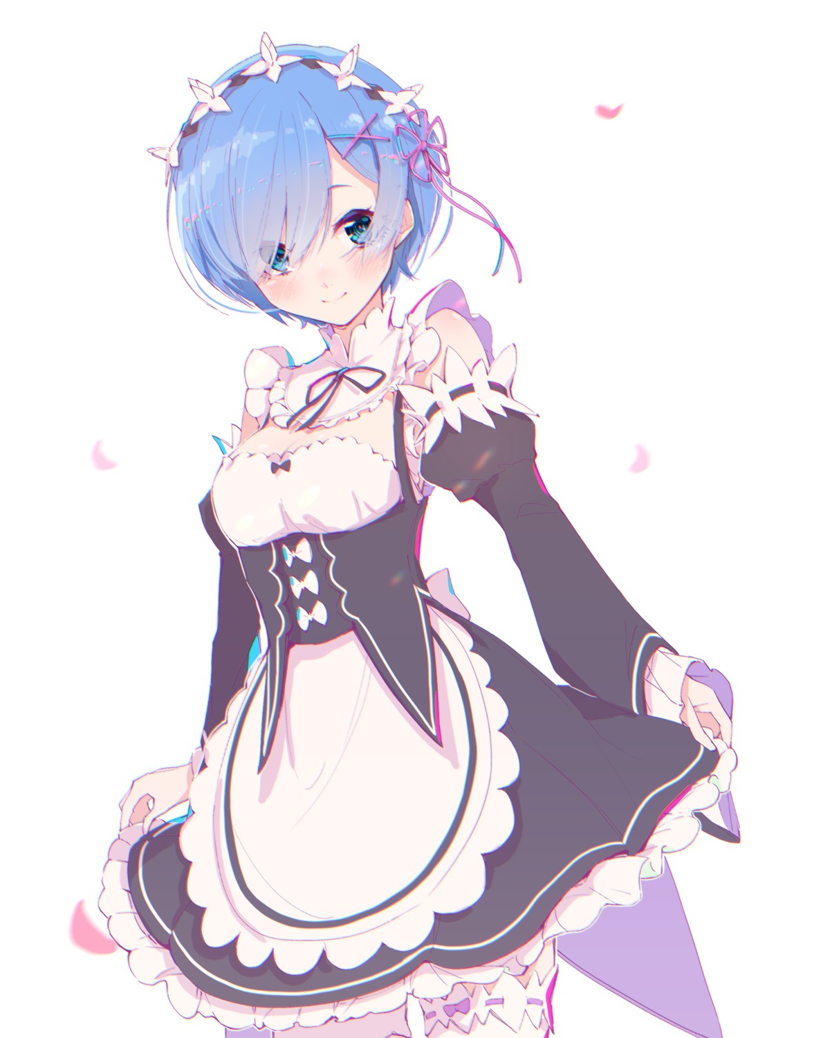 aozora_saishiki, cleavage, maid, re:zero_kara_hajimeru_isekai_seikatsu, rem_(re_zero), skirt_lift, thighhighs