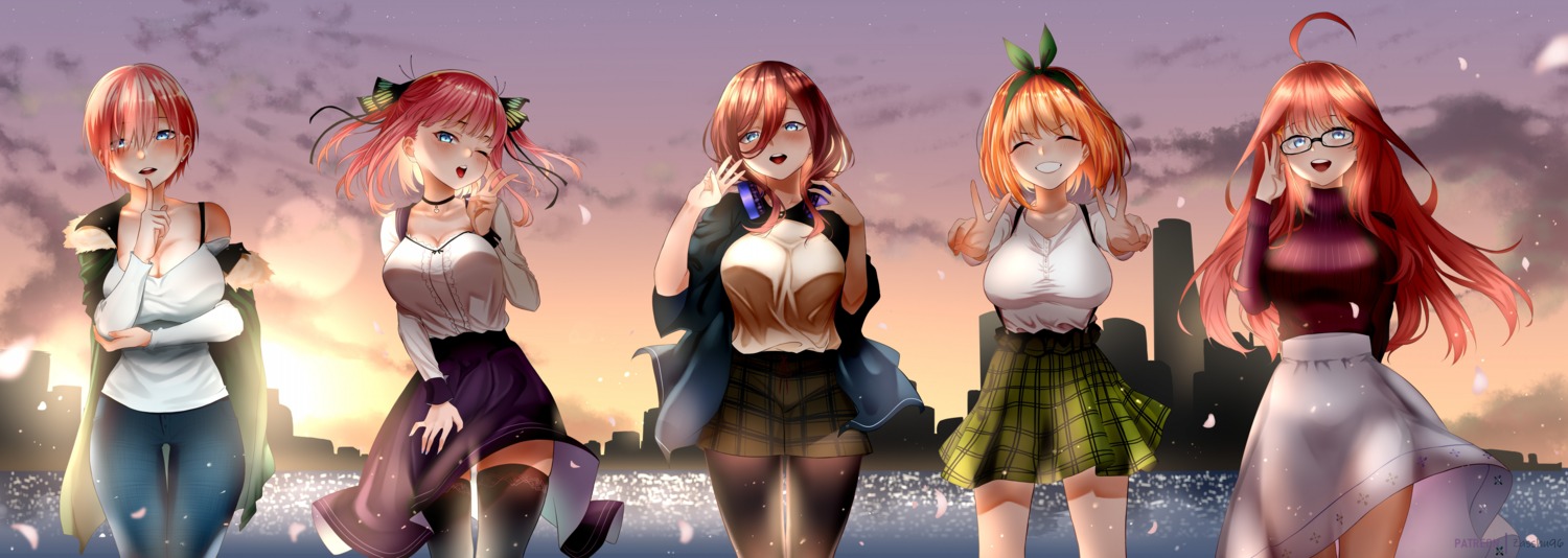 5-toubun_no_hanayome, breast_hold, cleavage, headphones, megane, nakano_ichika, nakano_itsuki, nakano_miku