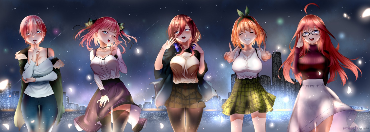 5-toubun_no_hanayome, breast_hold, cleavage, headphones, megane, nakano_ichika, nakano_itsuki, nakano_miku