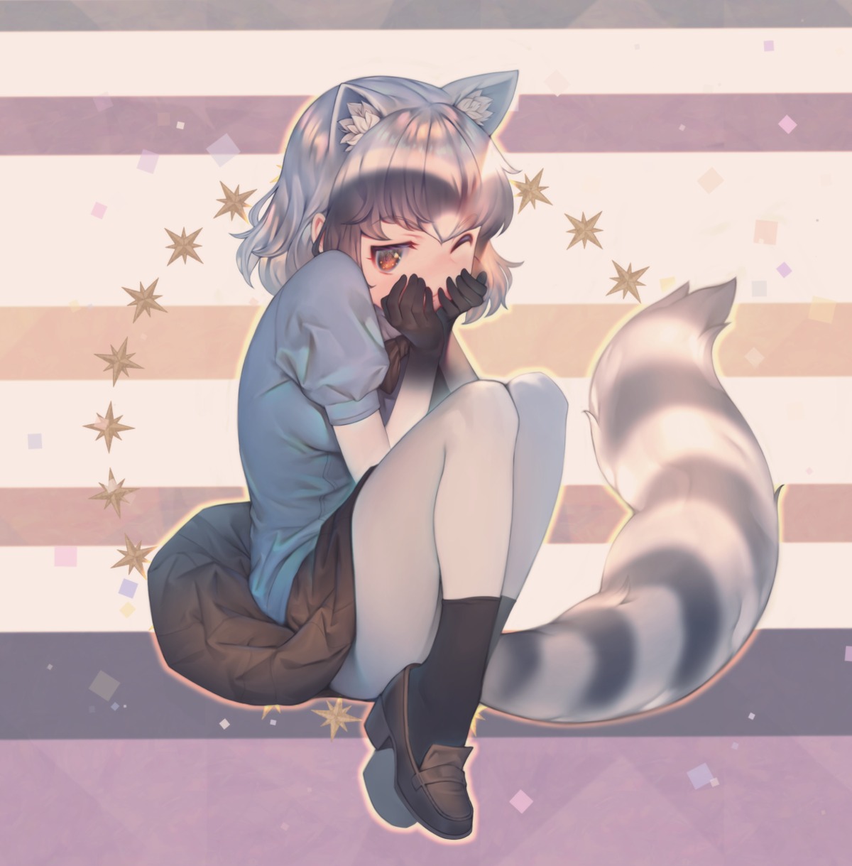 animal_ears, common_raccoon, heels, kemono_friends, mifu_(b24vc1), pantyhose, skirt_lift, tail