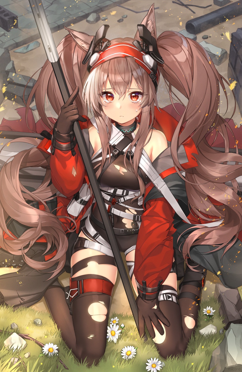 angelina_(arknights), animal_ears, arknights, cleavage, garter, milcona, thighhighs, torn_clothes, weapon