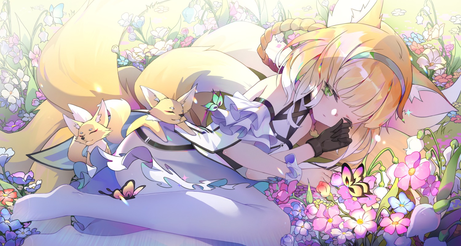 animal_ears, arknights, kitsune, pantyhose, skirt_lift, suzuran_(arknights), tail, xiaoxiao_nanjue_buyaokeng
