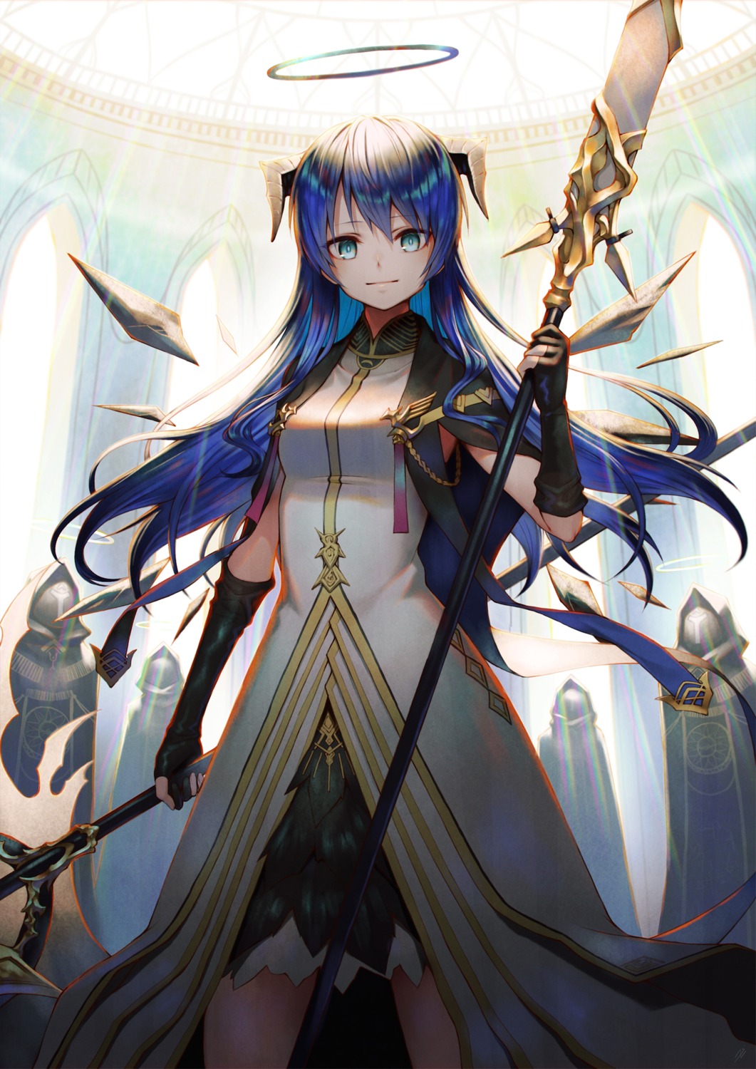 angel, arknights, horns, mostima_(arknights), sho_(sumika), weapon, wings