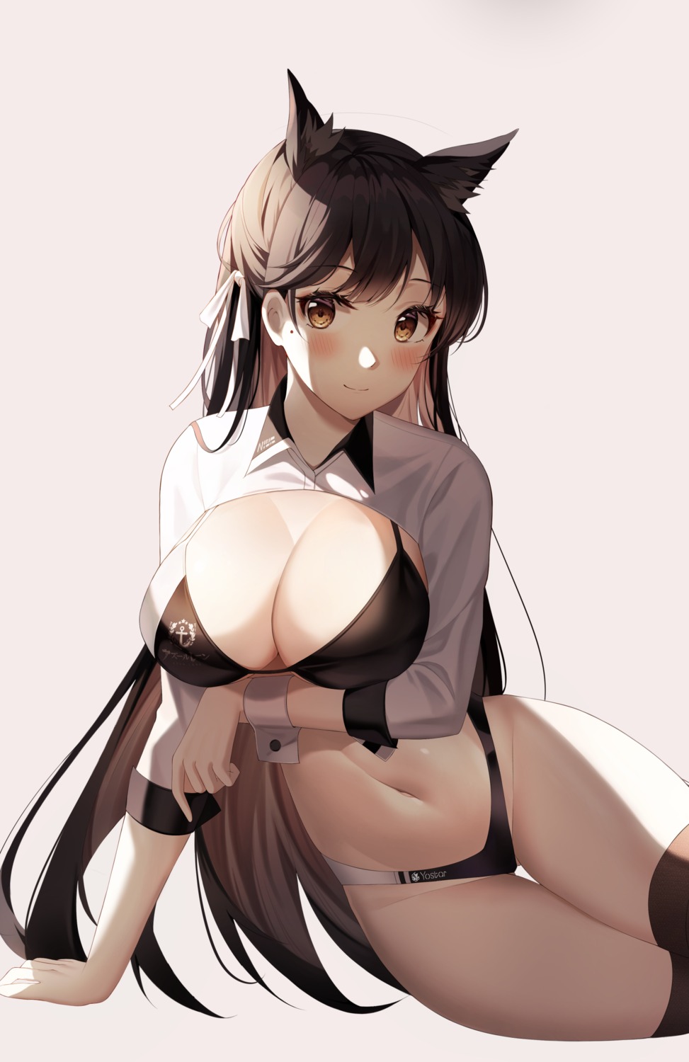 animal_ears, atago_(azur_lane), azur_lane, bikini, breast_hold, cleavage, niji_(rudduf232), swimsuits