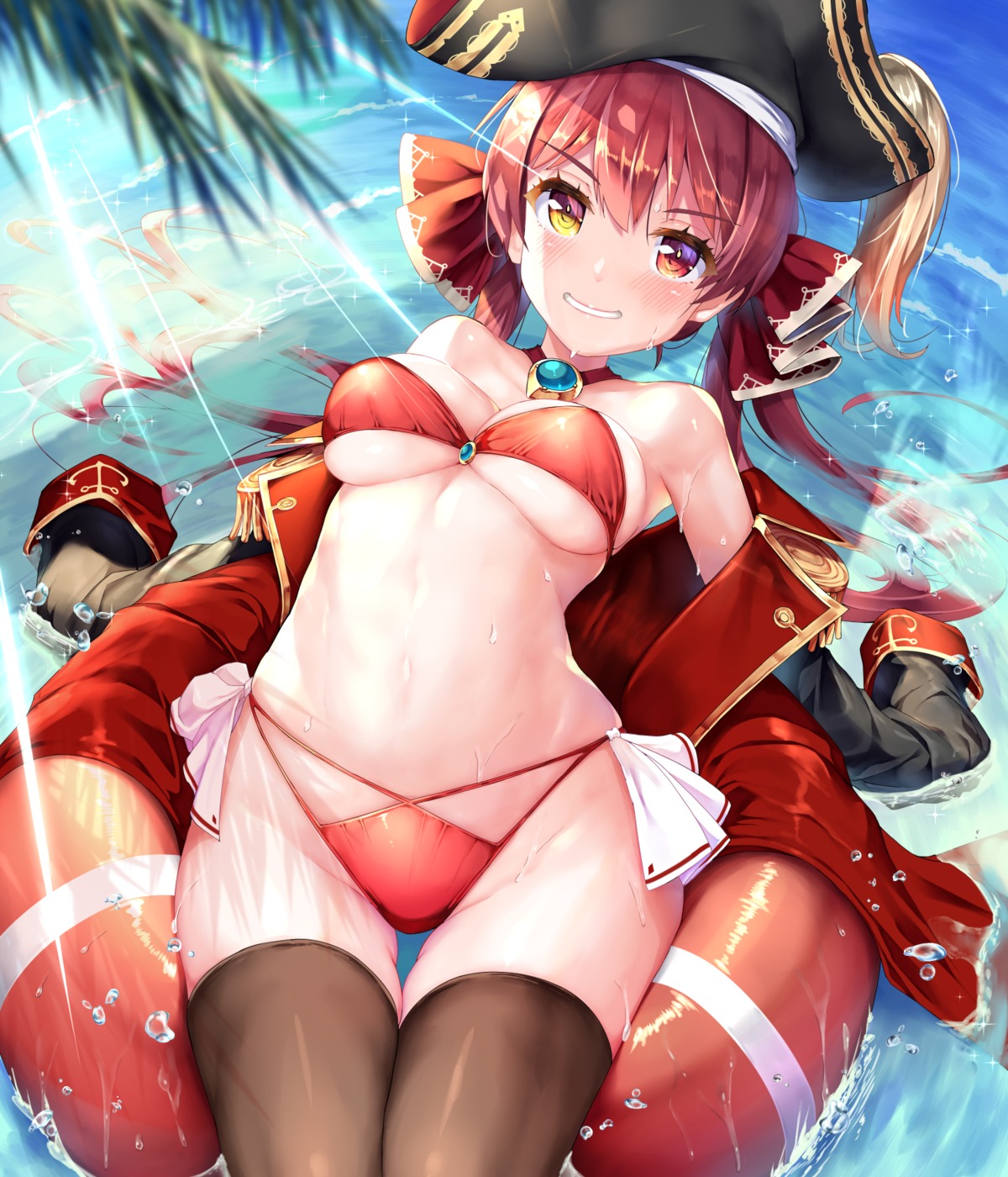bikini, heterochromia, hololive, houshou_marine, mogmog, open_shirt, pirate, swimsuits
