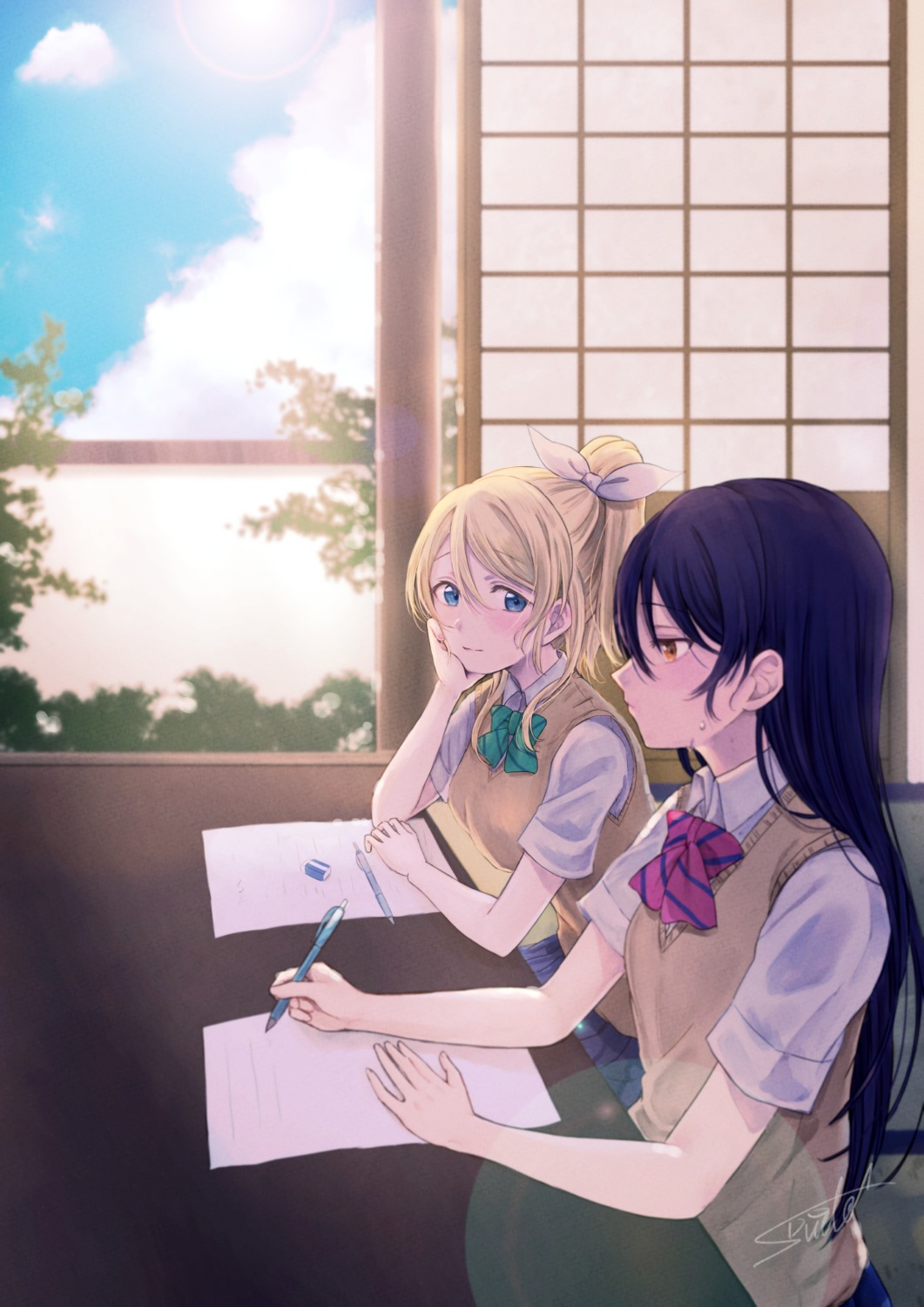 ayase_eli, love_live!, love_live!_(series), seifuku, sonoda_umi, suito, sweater, yuri
