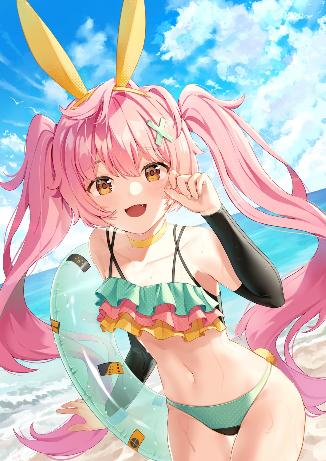 animal_ears, bikini, blue_oath, bunny_ears, shubee, swimsuits, wet, yuudachi_(blue_oath)