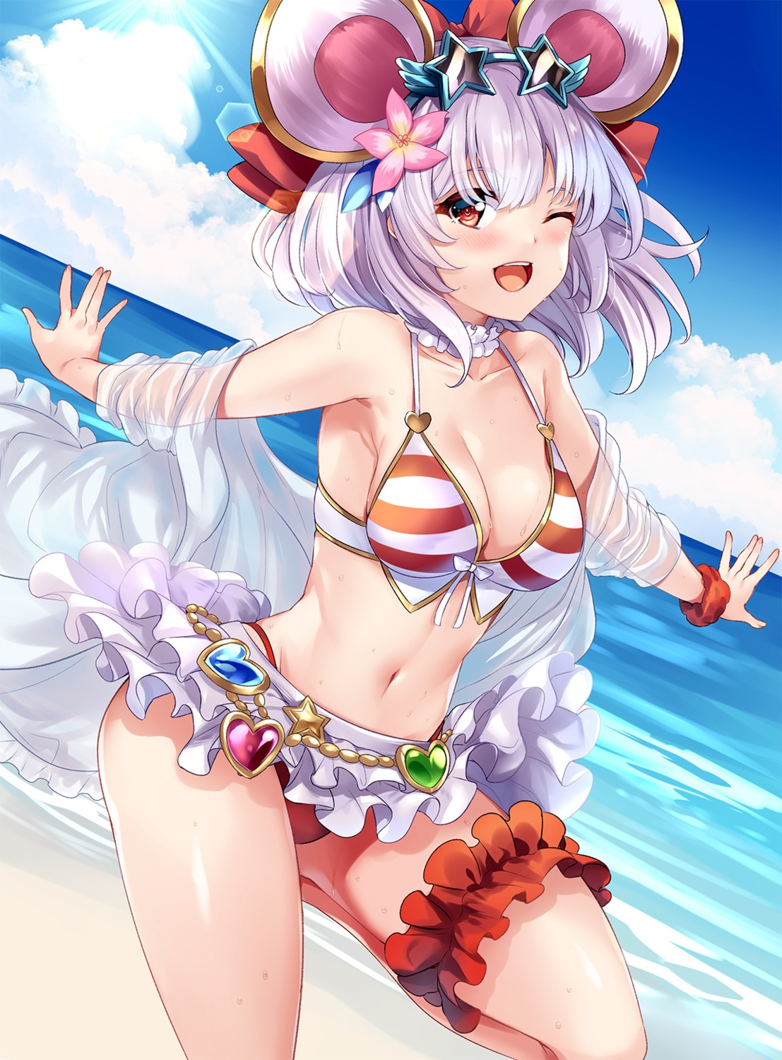animal_ears, bikini, garter, granblue_fantasy, hinata_sora, open_shirt, see_through, skirt_lift