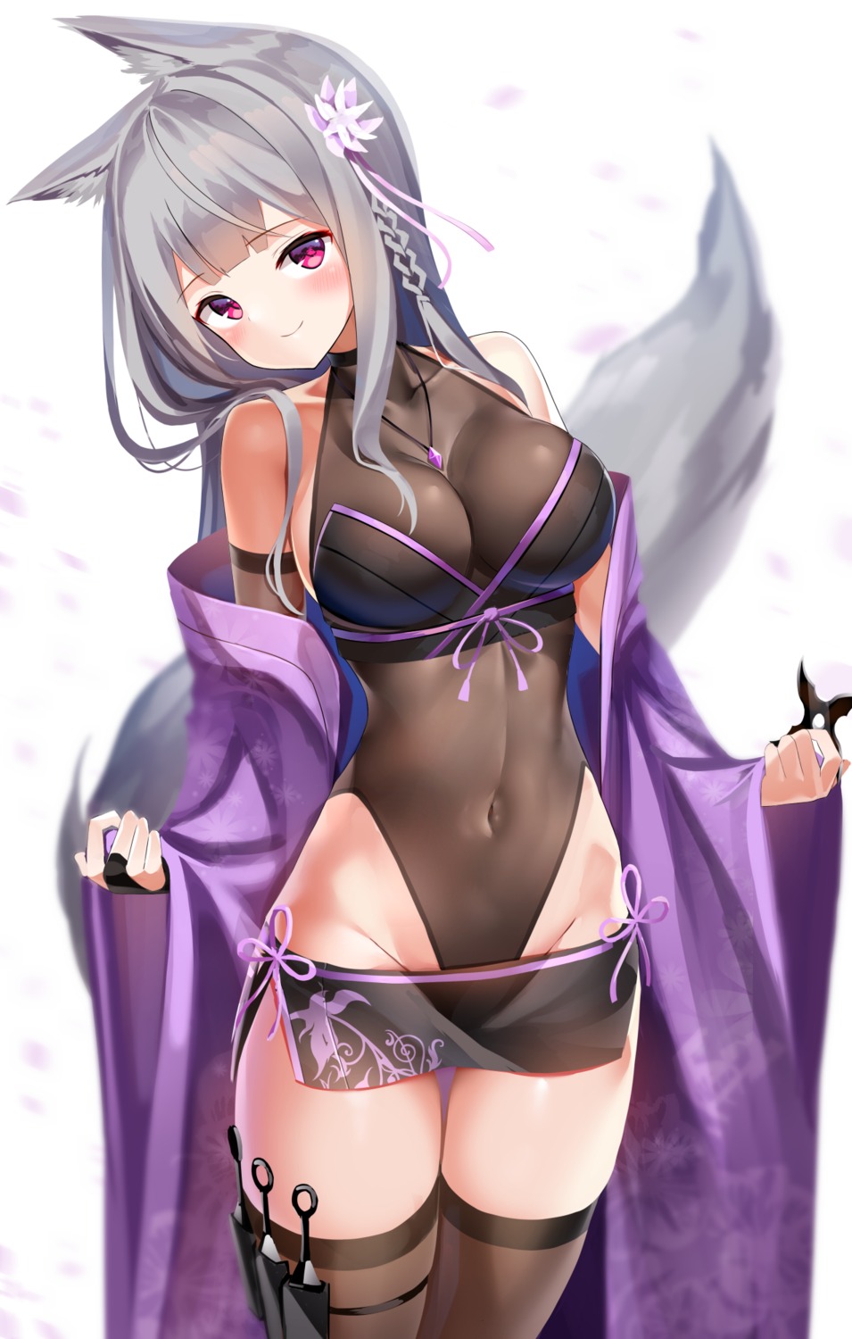 animal_ears, garter, japanese_clothes, kitsune, kurotobi_rarumu, leotard, tail, thighhighs