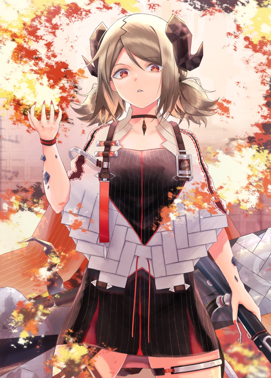 arknights, dress, garter, horns, ifrit_(arknights), kuroneru, tail