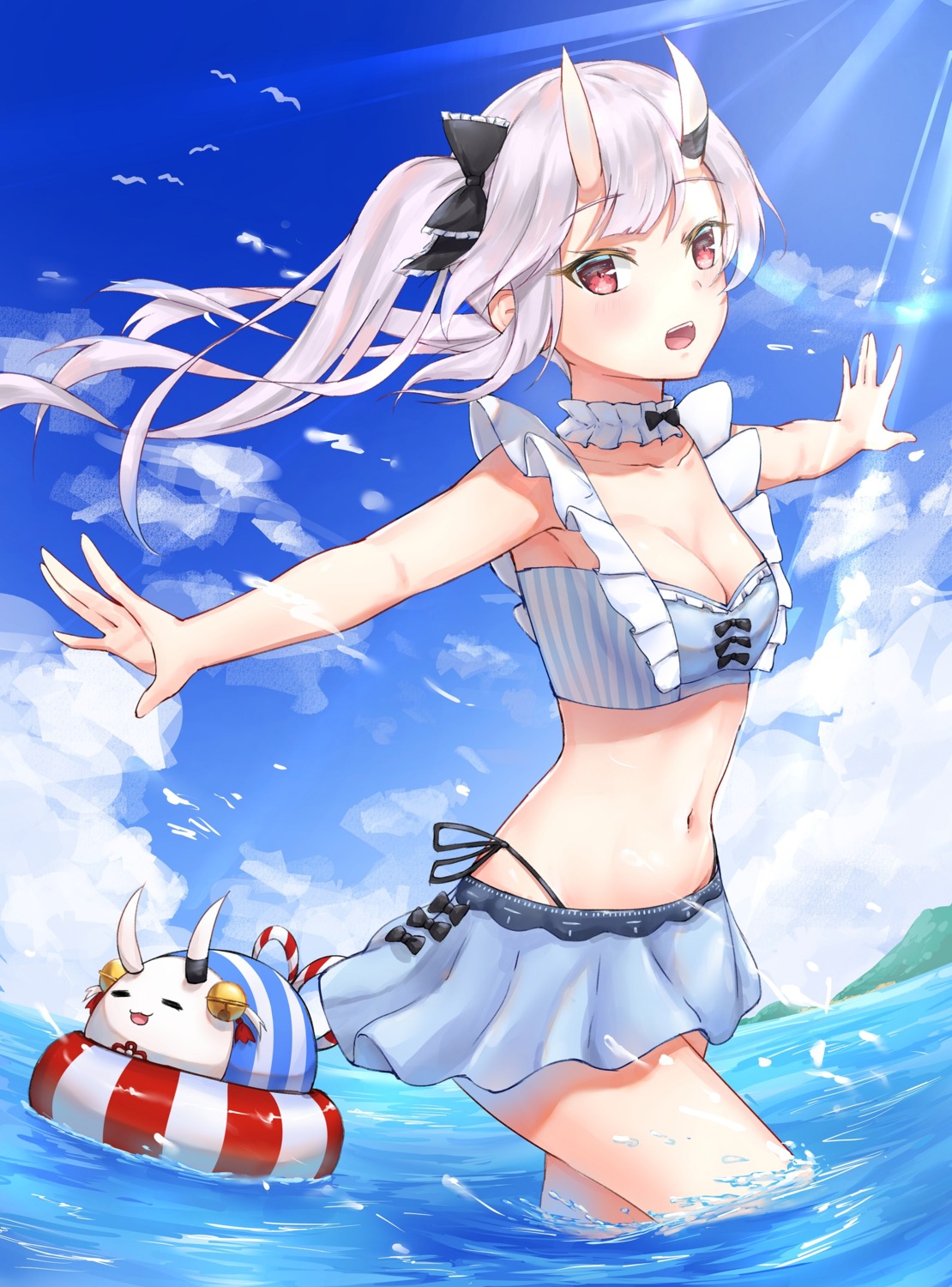 bikini, cleavage, hololive, horns, maki_(pixiv9288678), nakiri_ayame, swimsuits, wet