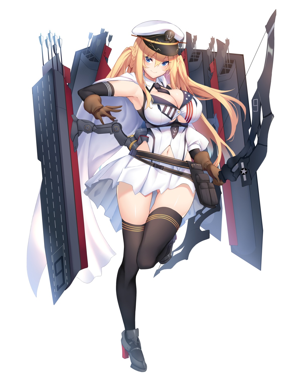 blue_oath, cleavage, enterprise_(blue_oath), heels, nakatama_kyou, thighhighs, uniform, weapon