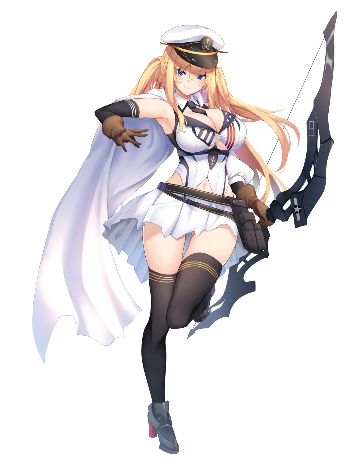 blue_oath, cleavage, enterprise_(blue_oath), heels, nakatama_kyou, thighhighs, uniform, weapon