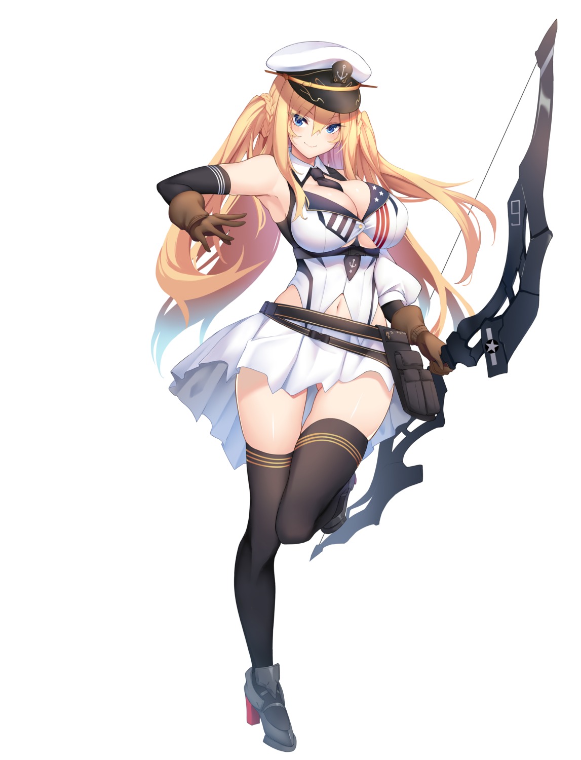 blue_oath, cleavage, enterprise_(blue_oath), heels, nakatama_kyou, thighhighs, uniform, weapon
