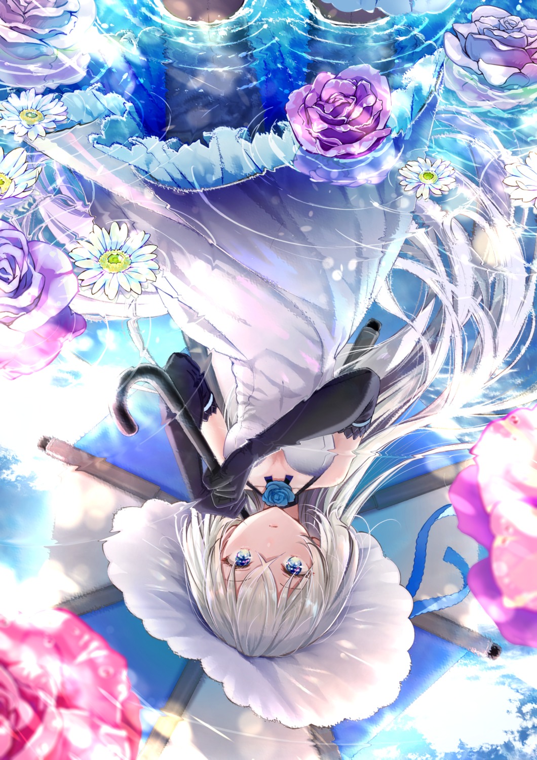 akasaka_asa, blue_oath, cleavage, dress, jervis_(blue_oath), pantyhose, umbrella
