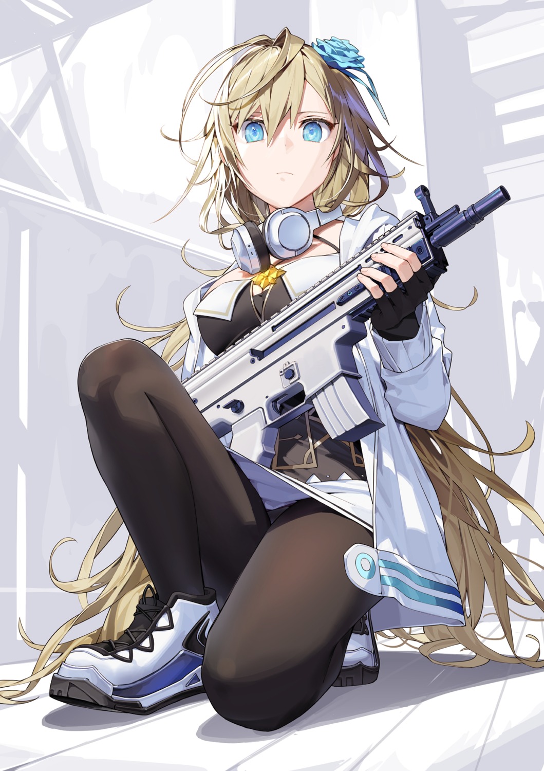 gun, headphones, kitada_mo, pantyhose, skirt_lift
