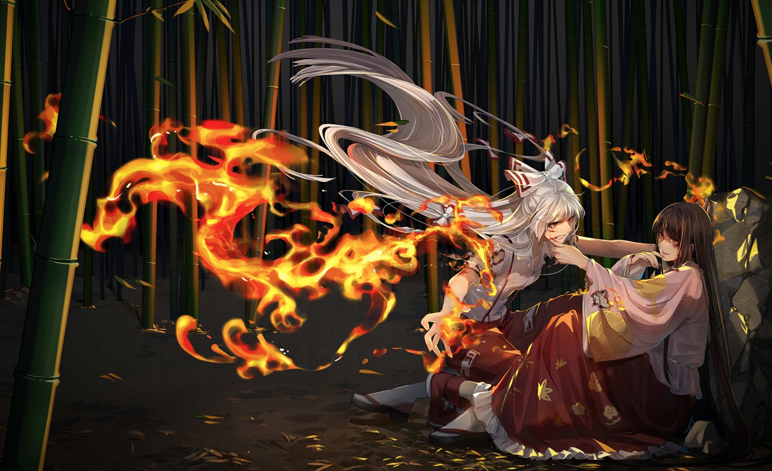 fujiwara_no_mokou, houraisan_chouko, houraisan_kaguya, japanese_clothes, torn_clothes, touhou