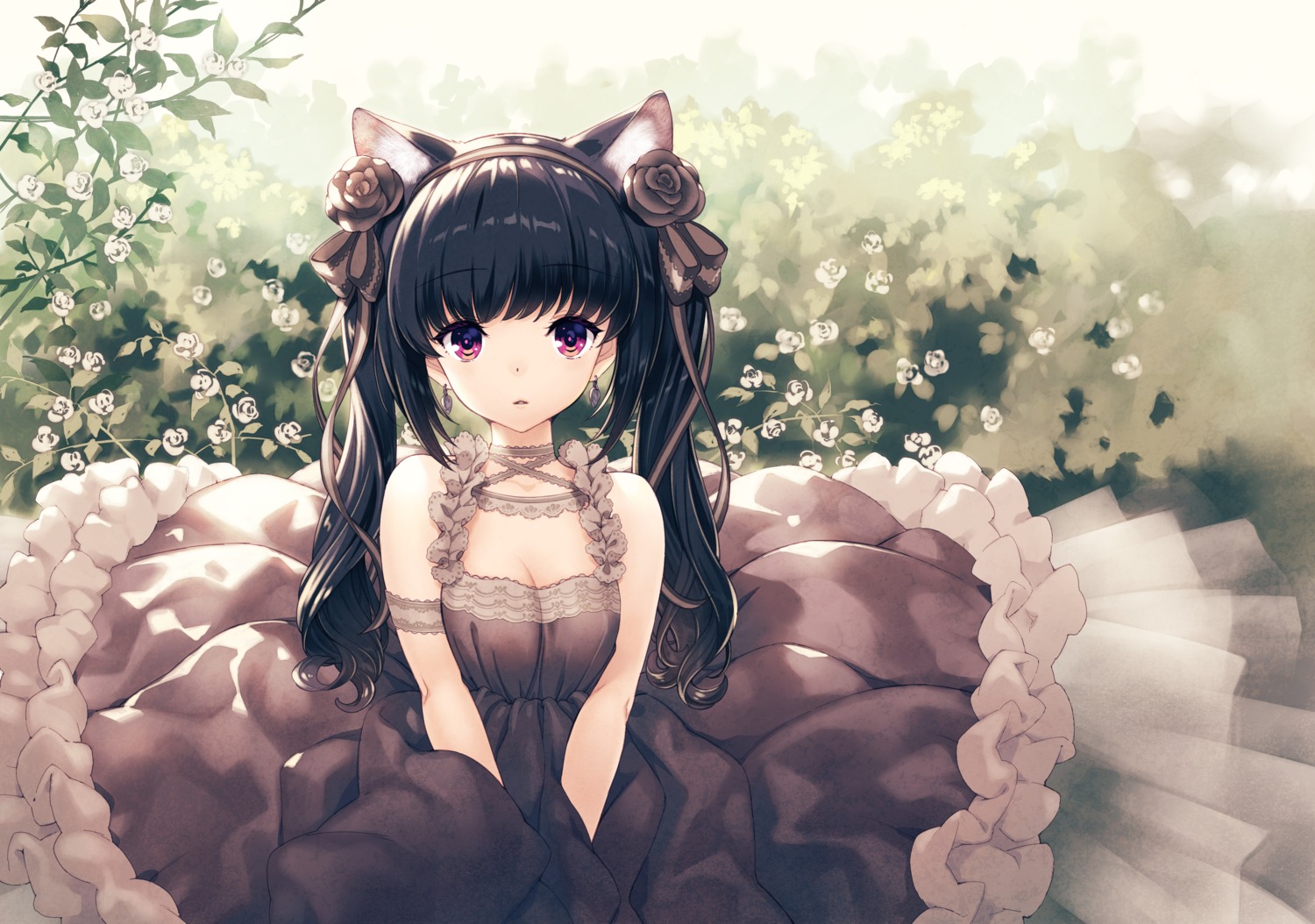 animal_ears, cleavage, dress, hirano_katsuyuki, nekomimi, skirt_lift