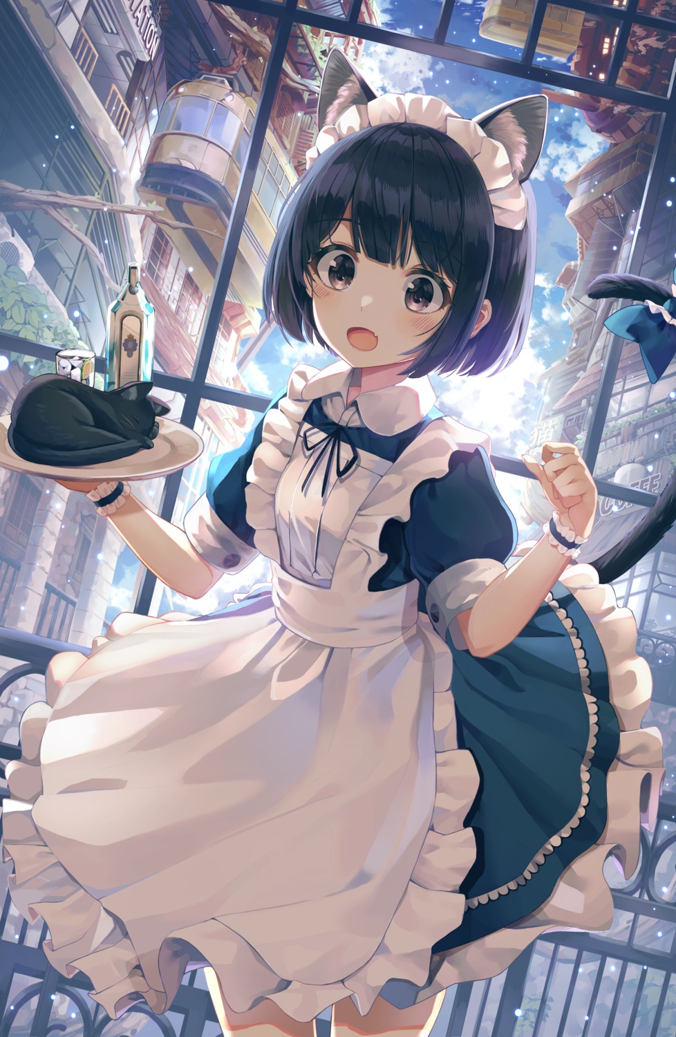 animal_ears, animal_ears_(artist), maid, neko, nekomimi, skirt_lift, tail
