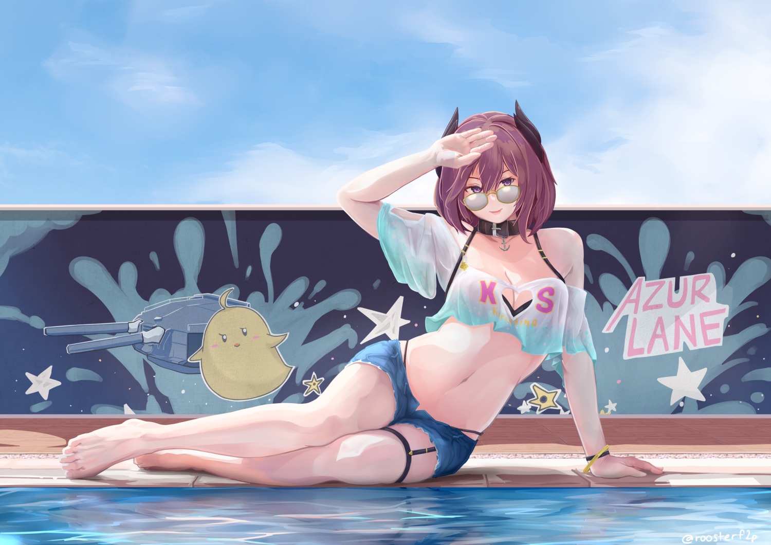 azur_lane, bikini, garter, horns, kirishima_(azur_lane), manjuu_(azur_lane), megane, roosterf2p, see_through, swimsuits