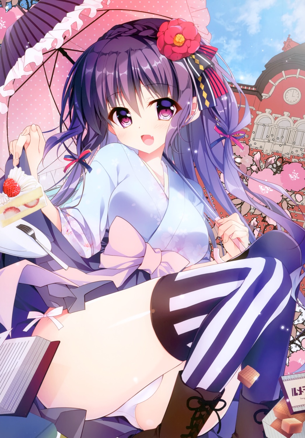 japanese_clothes, nanaca_mai, pantsu, skirt_lift, thighhighs, umbrella