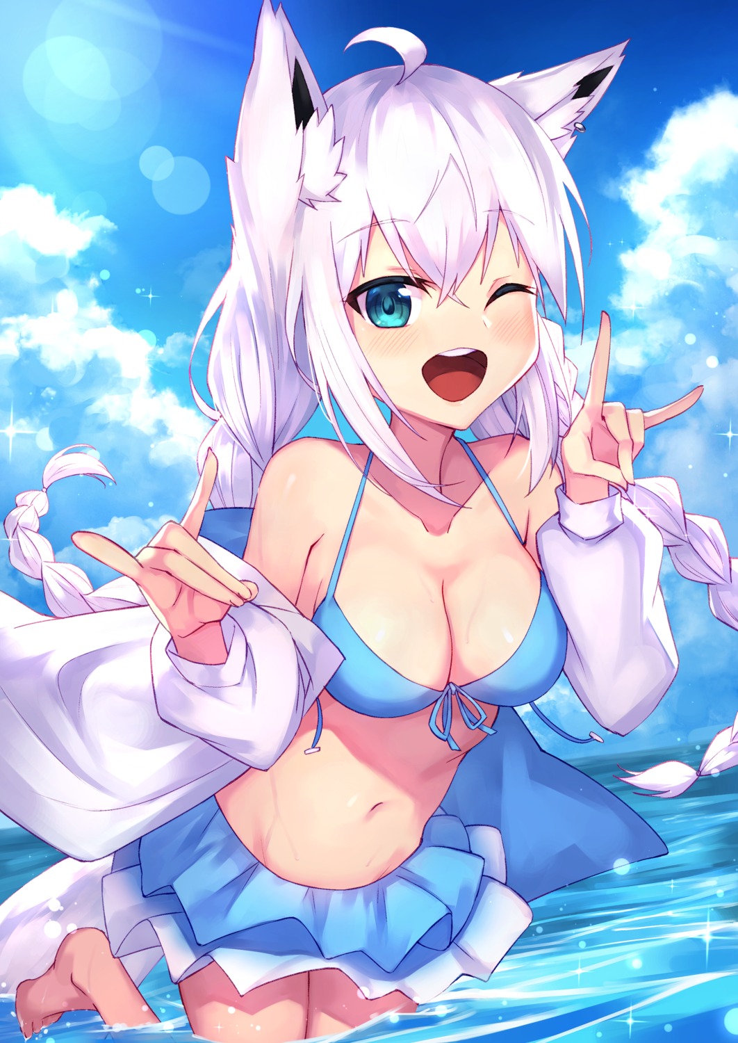 animal_ears, bikini, hololive, hololive_gamers, kitsune, masaki_(msk064), open_shirt, shirakami_fubuki