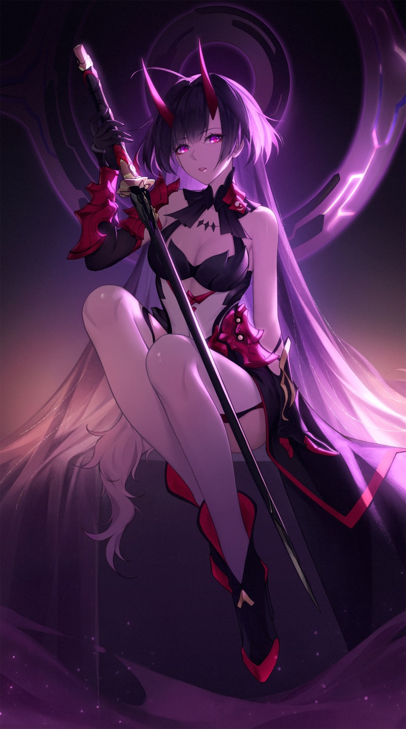 armor, benghuai_xueyuan, cleavage, honkai_impact, horns, raiden_mei, red-d, sword, thighhighs