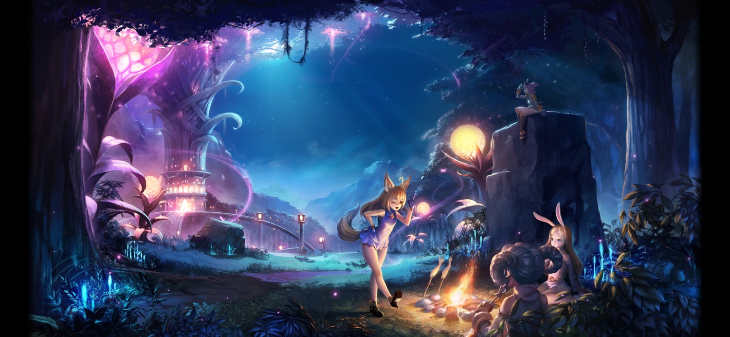 animal_ears, armor, botro, bunny_ears, dress, heels, horns, landscape
