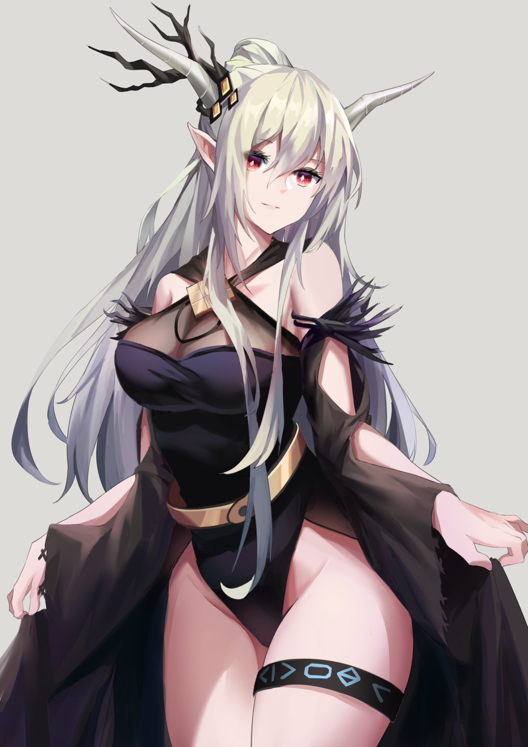 arknights, garter, horns, leotard, madao, pointy_ears, see_through, shining_(arknights)