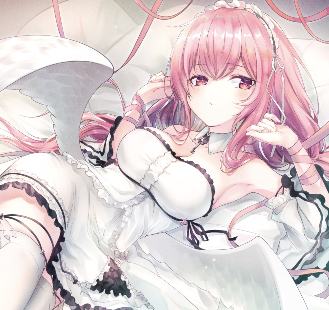 azur_lane, cleavage, no_bra, noan, perseus_(azur_lane), skirt_lift, thighhighs, wings