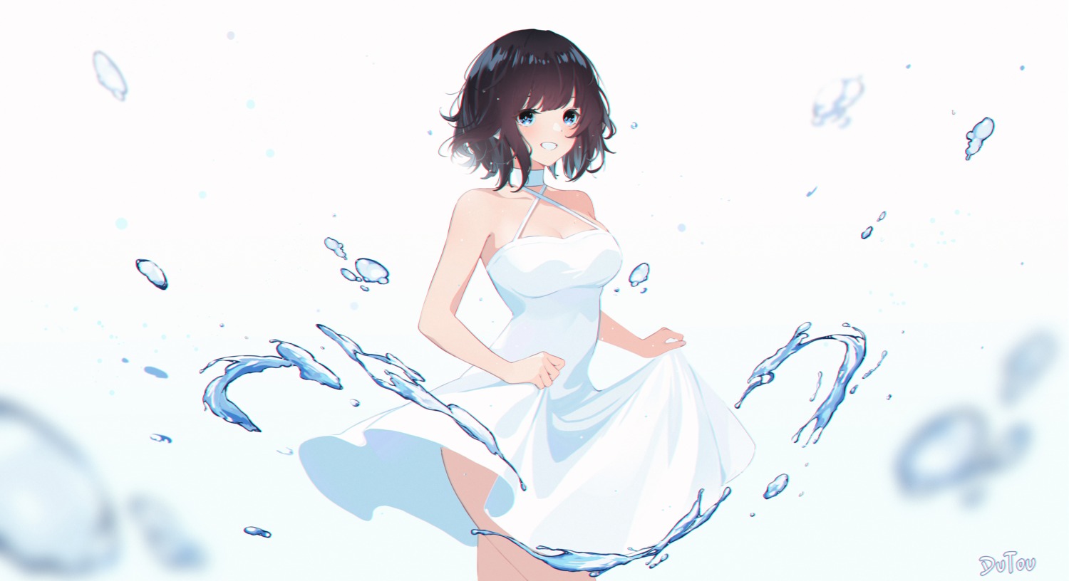 cleavage, dress, nijisanji, no_bra, skirt_lift, summer_dress, suzuka_utako, tagme