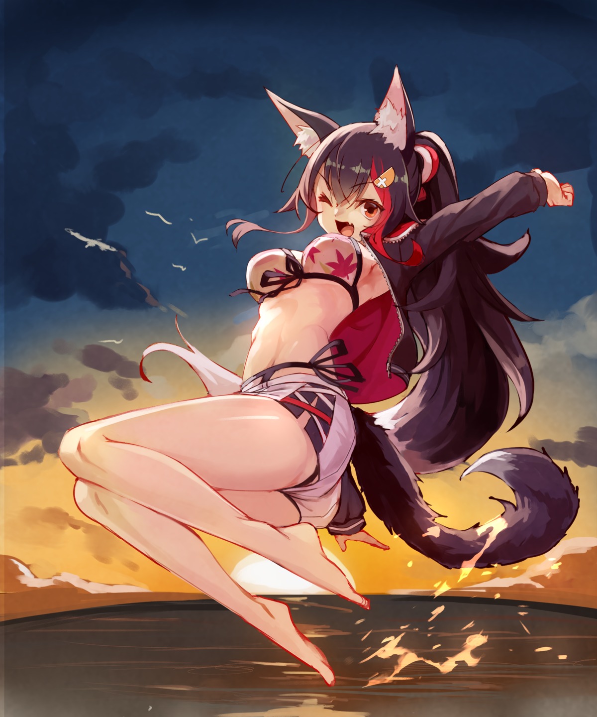 animal_ears, bikini, hololive, hololive_gamers, ookami_mio, open_shirt, sue_(bg-bros), swimsuits